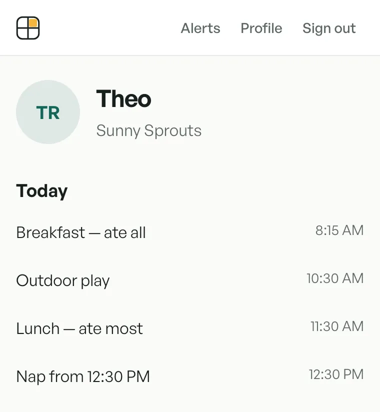 A parent's feed on a phone: Theo, Sunny Sprouts, and under Today his breakfast, outdoor play, lunch and nap, each with its time.