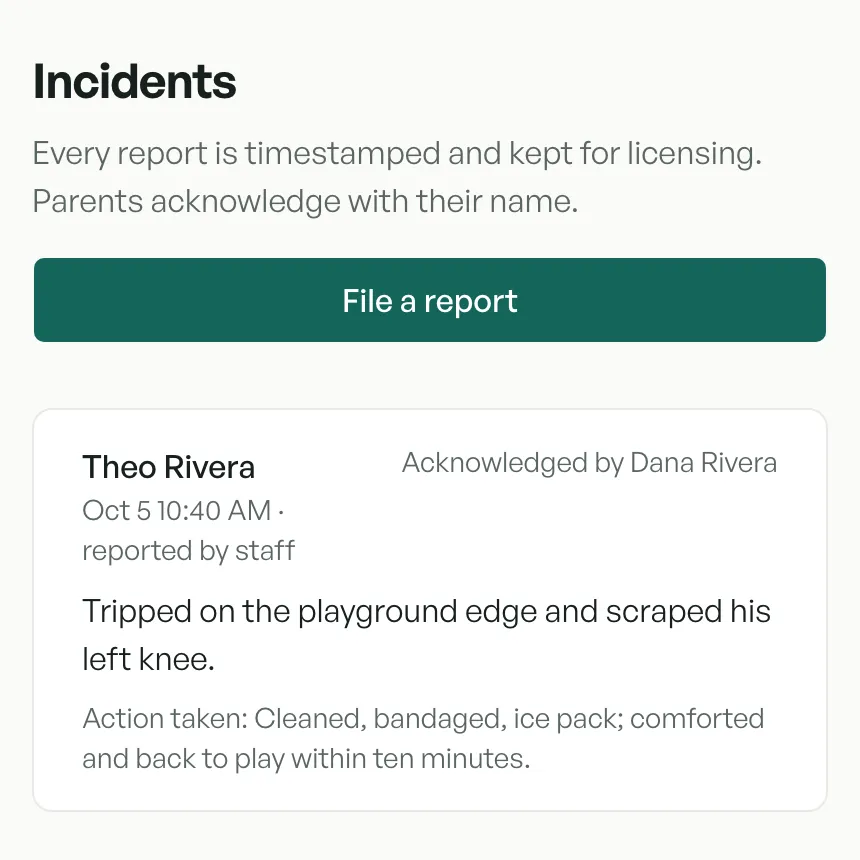 The director's Incidents page on a phone: Theo Rivera's report from October 5, marked Acknowledged by Dana Rivera.