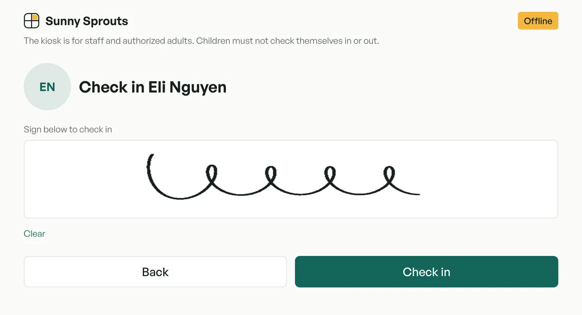 Checking in Eli Nguyen on the kiosk: a signature drawn on the screen above Back and Check in buttons.