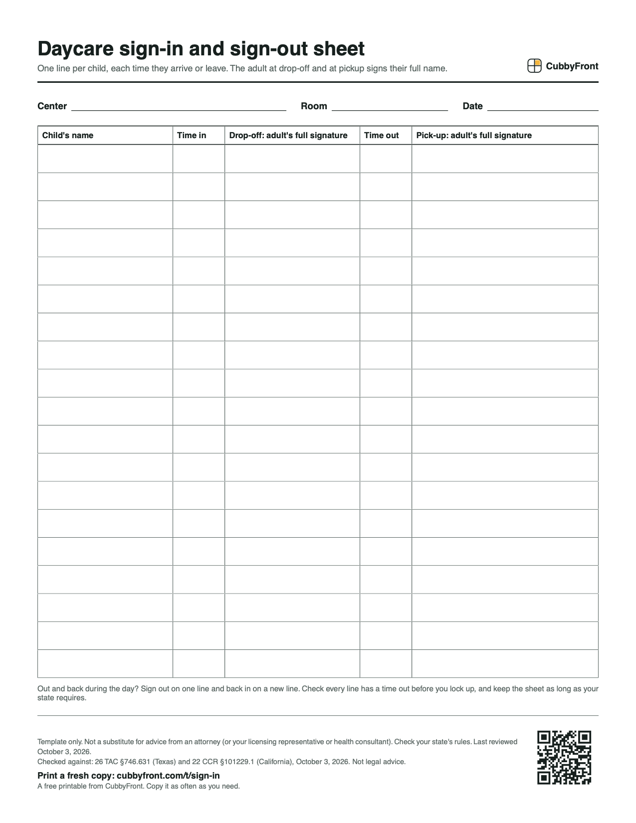 Printable daycare sign-in and sign-out sheet on US Letter: spaces for center, room and date, then a table of 19 lines with columns for the child's name, time in, drop-off signature, time out and pick-up signature.