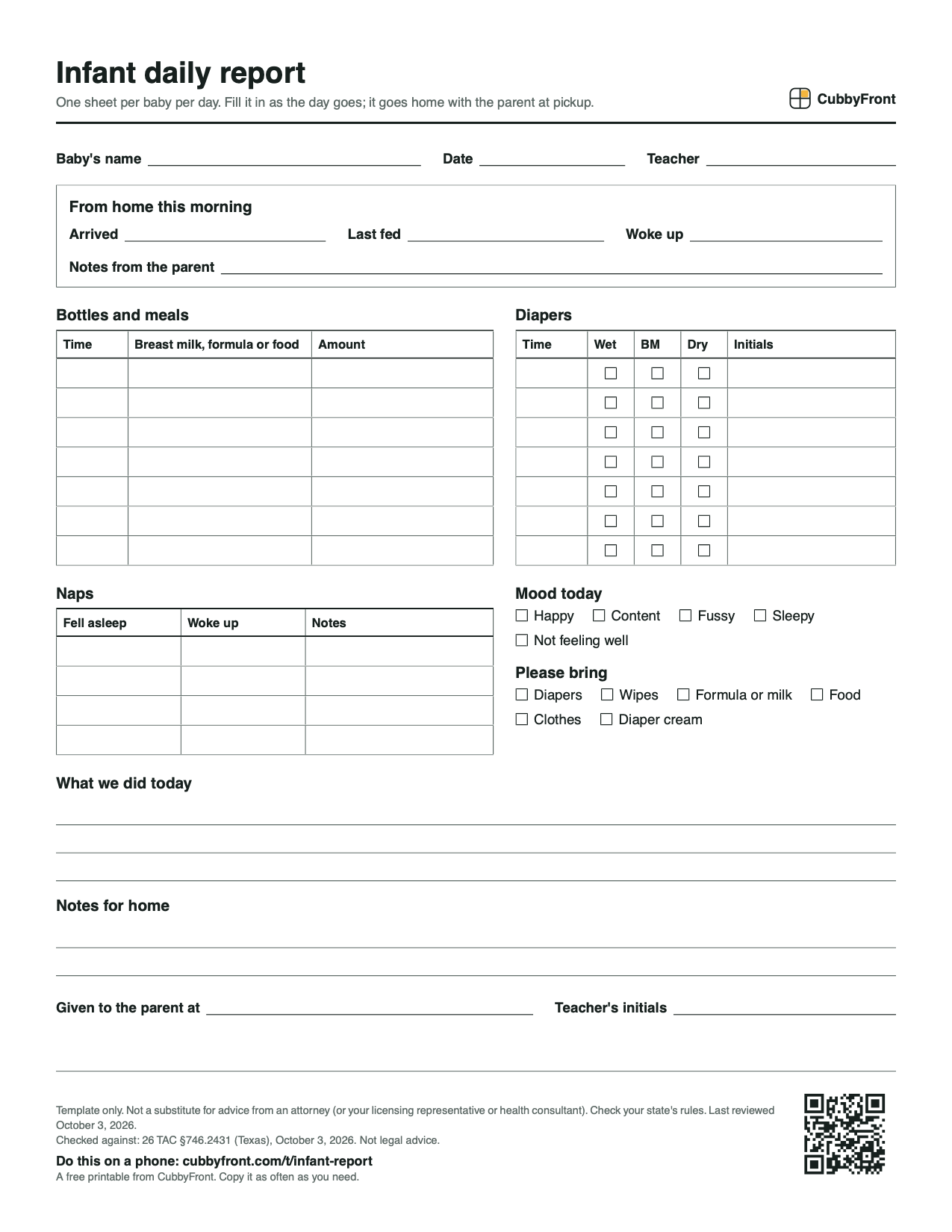 Printable infant daily report on US Letter: the baby's name, date and teacher at the top, a box for notes from home, tables for bottles and meals, diapers and naps, checkboxes for mood and supplies to bring, and lines for the day's activities and notes for home.